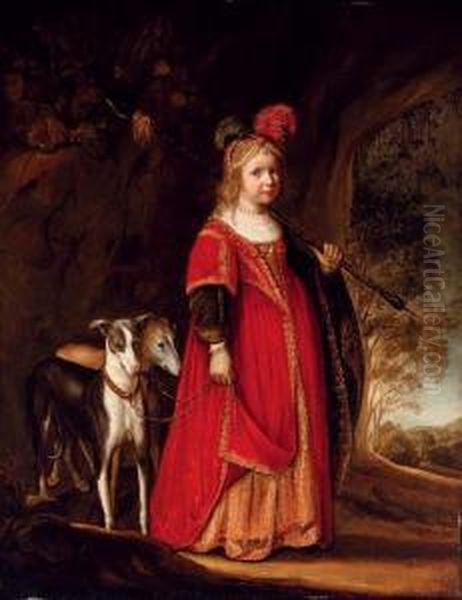 Portrait Of A Young Girl As Diana, In A Glade With Two Greyhounds Oil Painting by Govert Teunisz. Flinck