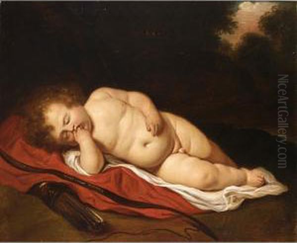 Eros Sleeping Oil Painting by Govert Teunisz. Flinck