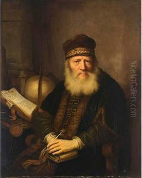 A Portrait Of A Philosopher, 
Seated Half-length At His Desk With A Globe, Holding A Pen And A Book In
 His Hands Oil Painting by Govert Teunisz. Flinck