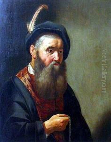 Man With Plumed Hat Holding Beads Oil Painting by Govert Teunisz. Flinck