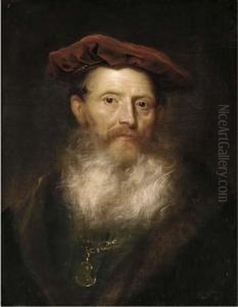 Portrait Of A Bearded Man, Bust-length, In A Fur-trimmed Black Coat And A Velvet Cap Oil Painting by Govert Teunisz. Flinck