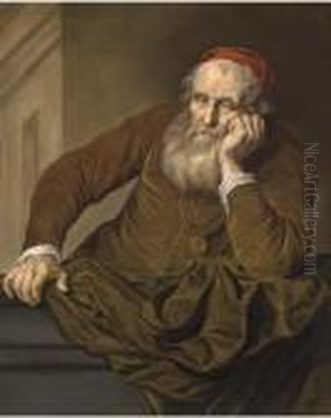 Portrait Of An Old Man, Half-length, Wearing A Red Hat Oil Painting by Govert Teunisz. Flinck