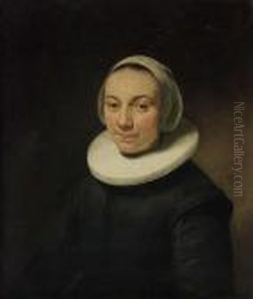 Portrait Of A Lady, Bust-length, In A Black Dress With A Ruff, Anda White Head-dress Oil Painting by Govert Teunisz. Flinck