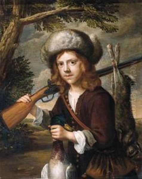 A Portrait Of A Youth, Standing 
Three Quarter Length In Alandscape, Holding A Dead Duck And A Rifle Oil Painting by Govert Teunisz. Flinck