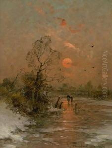 Winterlandschaft Bei
 Sonnenuntergang. Oil Painting by Heinz Flockenhaus