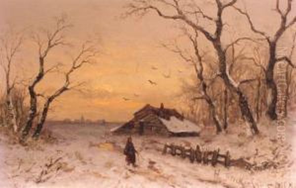 Winter Sunset Oil Painting by Heinz Flockenhaus