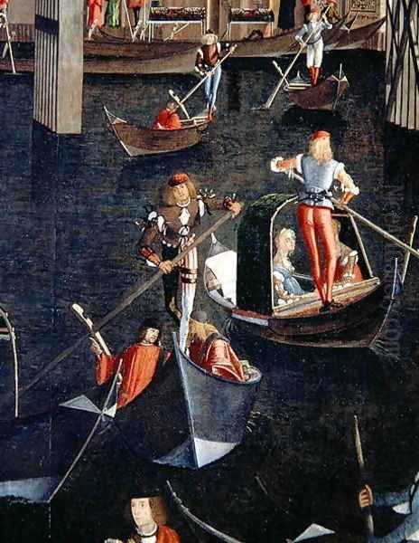 Gondoliers on the Grand Canal, detail from The Miracle of the Relic of the True Cross on the Rialto Bridge, 1494 Oil Painting by Vittore Carpaccio