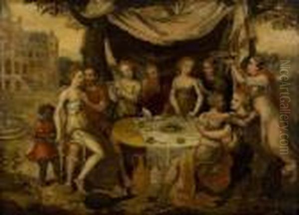 A Lovers' Feast Oil Painting by Frans I Vriendt (Frans Floris)