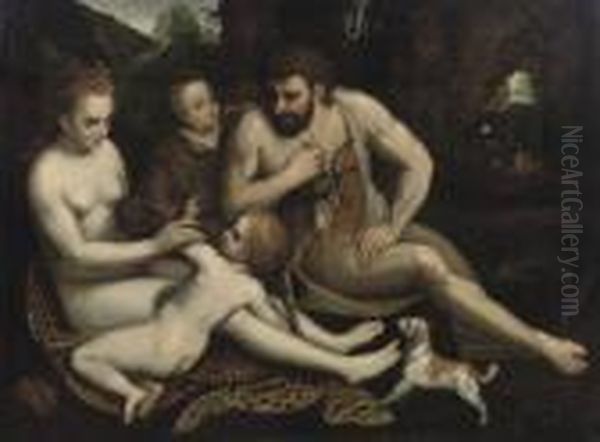 Adam And Eve With Cain And Abel Oil Painting by Frans I Vriendt (Frans Floris)