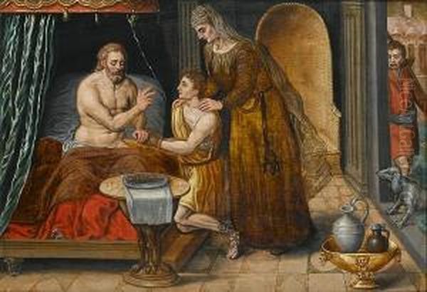 Isaac Blessing Jacob Oil Painting by Frans I Vriendt (Frans Floris)