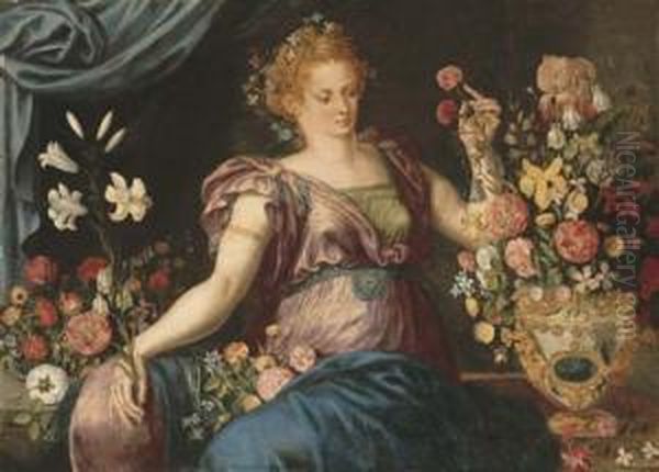 A Woman Seated With Ornamental Vases Of Flowers Oil Painting by Frans I Vriendt (Frans Floris)