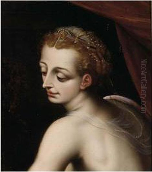 A Head Of A Woman, Wearing Pearl Jewellery In Her Hair Oil Painting by Frans I Vriendt (Frans Floris)