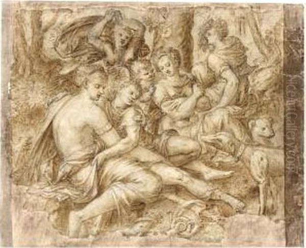 Venus And Adonis Oil Painting by Frans I Vriendt (Frans Floris)