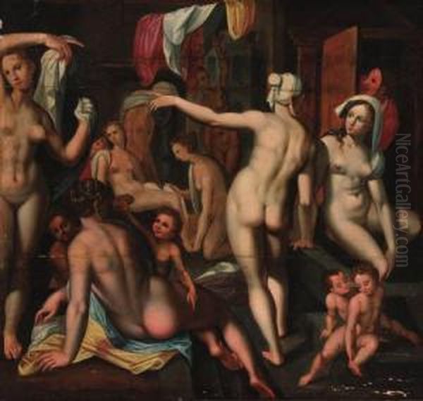 Maidens And Children Bathing Oil Painting by Frans I Vriendt (Frans Floris)