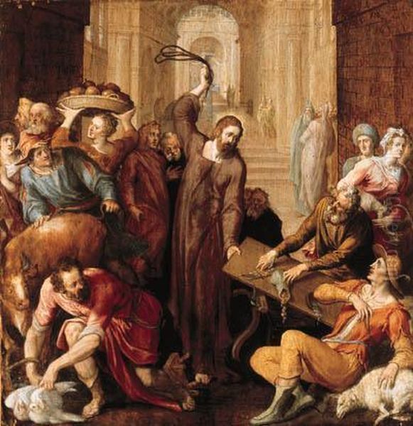 Christ Driving The Money Lenders From The Temple Oil Painting by Frans I Vriendt (Frans Floris)