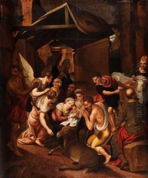 Christi Geburt Im Stall Mit Anbetung Derhirten Oil Painting by Frans I Vriendt (Frans Floris)