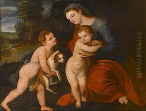 The Madonna And Child With An 
Infant Offering A Dog, Saint Joseph Before A House In A Landscape Beyond Oil Painting by Frans I Vriendt (Frans Floris)