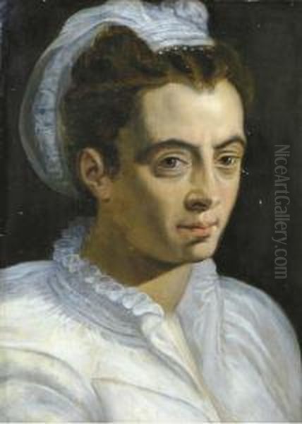 Portrait Of A Lady, Bust-length, In A White Dress Oil Painting by Frans I Vriendt (Frans Floris)