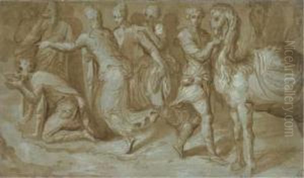 Personnages Buvant A Une Fontaine Oil Painting by Frans I Vriendt (Frans Floris)