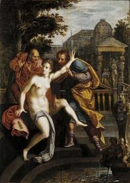 Susannah And The Elders Oil Painting by Frans I Vriendt (Frans Floris)