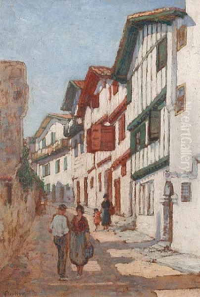 A Street Scene With Figures Before Timberframed Houses Oil Painting by Louis Floutier