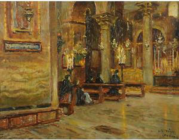 Interno Di Chiesa A Venezia Oil Painting by Ugo Flumiani