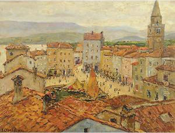 Muggia Vista Dall'alto Oil Painting by Ugo Flumiani