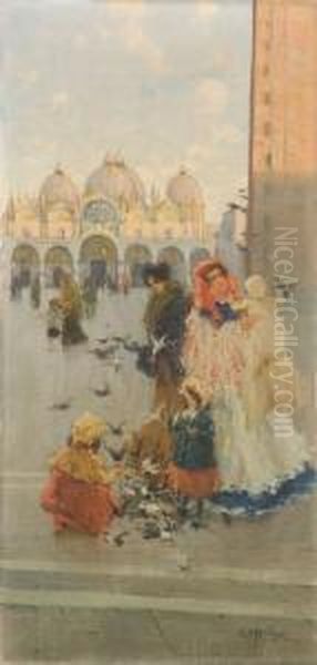 Venezia, Scena Di Vita In Piazza San Marco Oil Painting by Ugo Flumiani