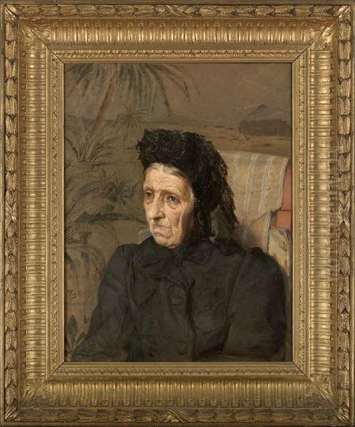 Bust Portrait Of An Elderly Woman Dressed In Black Seated Near Palm Trees Oil Painting by Ruggero Focardi