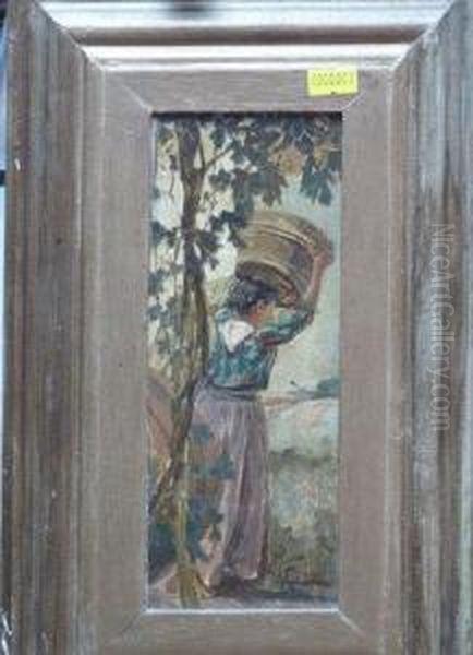 A Young Italian Woman Carrying A Wooden Tub Of Grapes On Her Head Oil Painting by Ruggero Focardi