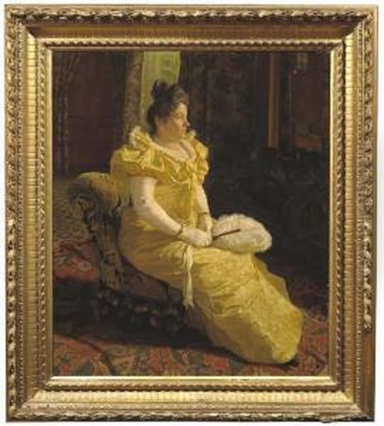 Gentildonna Con Ventaglio Di Piume In Un Interno Oil Painting by Ruggero Focardi