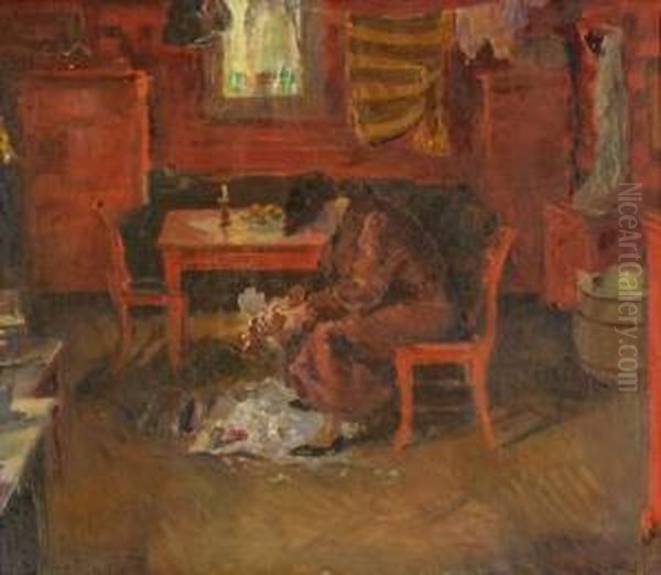 Interior Med Kvinne Som Plukker Fugl 1931 Oil Painting by Bernhard Folkestad