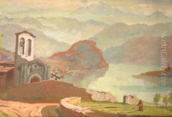 Vista Da Menaggio Con Monastero Sul Lago Con Personaggio by Daniele Fontana