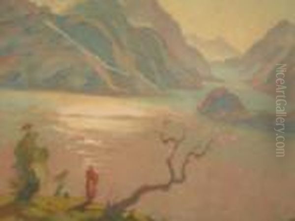 Scorcio Del Lago Di Como Visto Da Menaggio Con Personaggio Oil Painting by Daniele Fontana