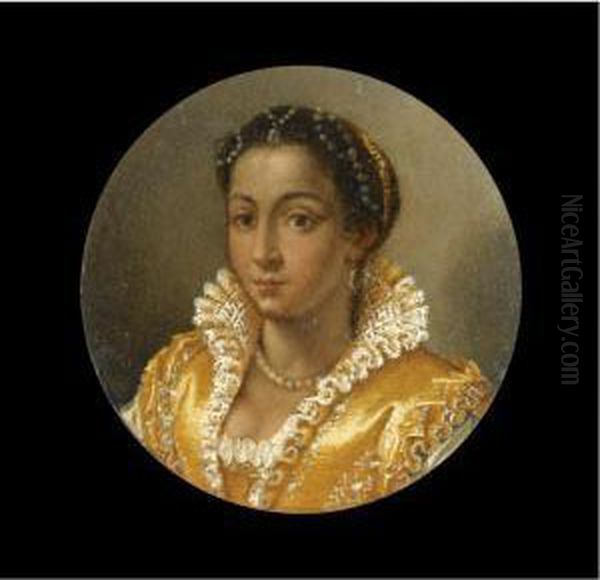 Portrait Of A Girl, Bust-length,
 In A Yellow Silk Dress With A Lace Collar, Wearing A Pearl Necklace And
 String Of Pearls In Her Hair Oil Painting by Lavinia Fontana