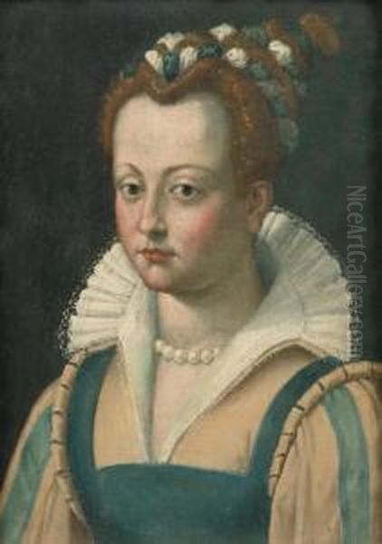 Portrait Of A Lady, Bust-length, In A Yellow And Blue Costume With A White Collar Oil Painting by Lavinia Fontana