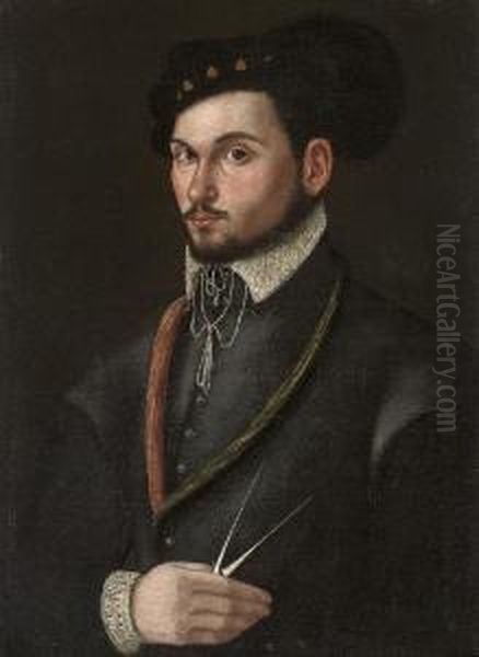 Portrait Of A Navigator, 
Half-length, In A Black Doublet And A Plumed Hat, A Pair Of Compasses In
 His Right Hand Oil Painting by Lavinia Fontana