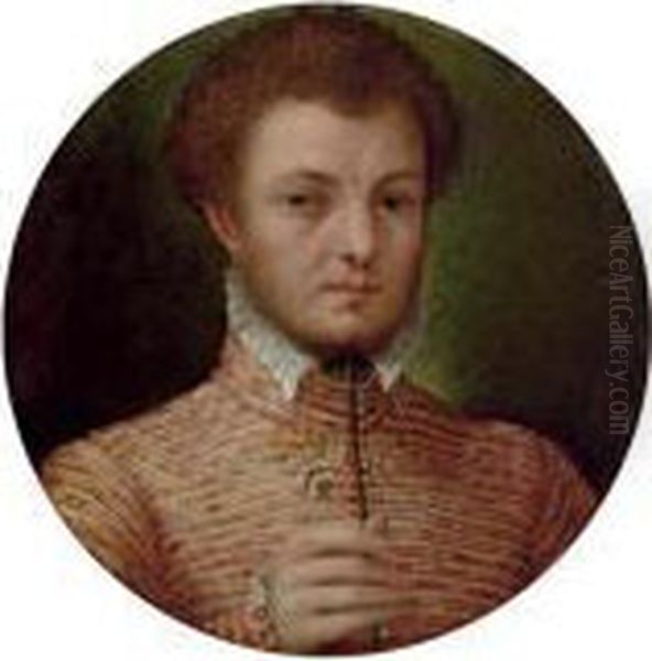 Portrait Of A Gentleman, 
Bust-length, In A Red And Yellow Brocade Jacket, With A Lace Collar Oil Painting by Lavinia Fontana