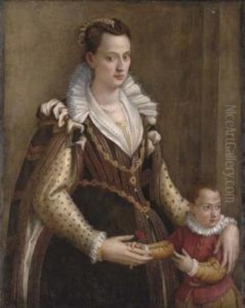 Portrait Of A Lady With A Child,
 Traditionally Identified As Eleonora De' Medici, Duchess Of Mantua 
(1567-1611) With Her Son Francesco Iv (1586-1612), Three-quarter-length,
 She Wearing A Corseted Dress With A White Collar, He Holding A Red 
Carnati Oil Painting by Lavinia Fontana