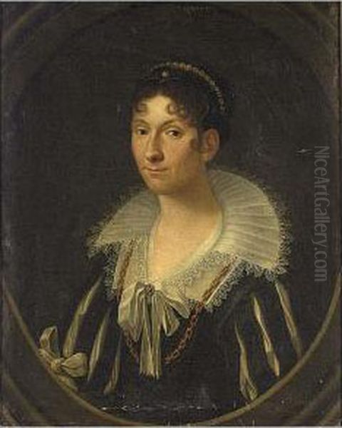 A Portrait Of A Lady, Half 
Length, Wearing A Black Dress With An Elaborate White Lace Collar, In A 
Painted Oval Oil Painting by Lavinia Fontana