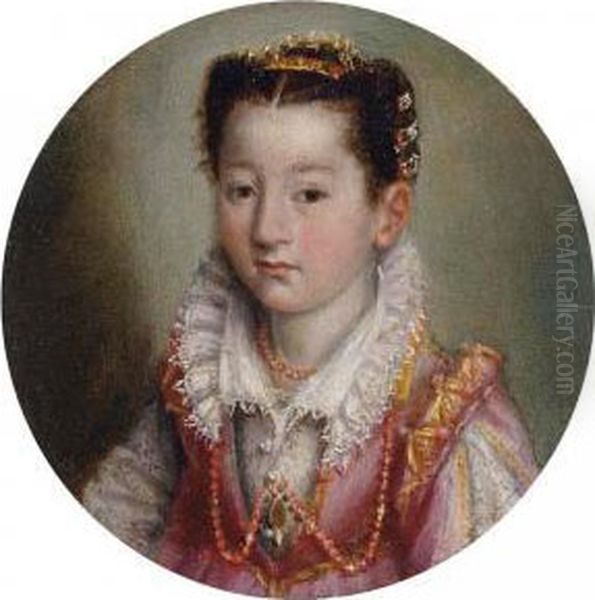 Portrait Of A Girl, In A Pink Embroidered Dress, Wearing A Coral Necklace Oil Painting by Lavinia Fontana