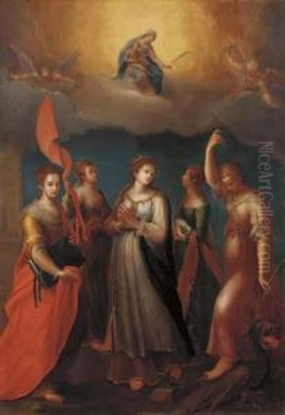 The Madonna And Child Appearing 
To Saints Barbara, Ursula, Catherine Of Alexandria, Agnes And Margaret 
Of Antioch Oil Painting by Lavinia Fontana