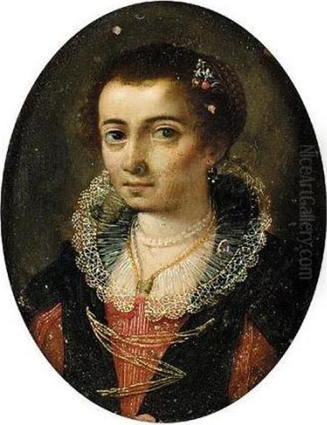 Portrait Of A Lady, Head And 
Shoulders, Wearing An Elaborate Ruff And A Red Embroidered Dress Oil Painting by Lavinia Fontana