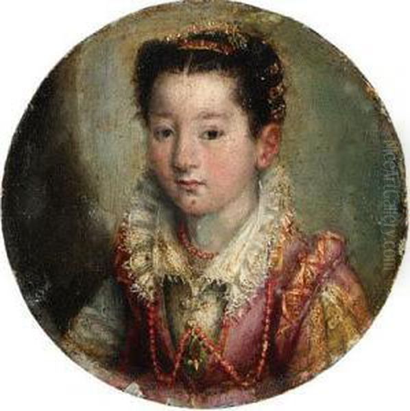 Portrait Of A Girl, Bust-length,
 In A Pink And White Embroidereddress, Wearing A Coral Necklace Oil Painting by Lavinia Fontana