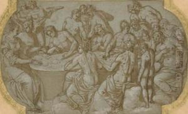 The Feast Of The Gods: Design For A Ceiling Compartment Oil Painting by Prospero Fontana