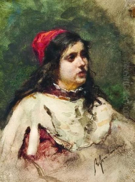 Giovane Ragazza Con Cappello Rosso Oil Painting by Roberto Fontano