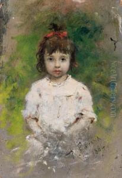 Bambina Con Il Fiocchetto Rosso Oil Painting by Roberto Fontano