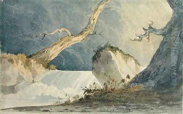 Waterfall in a Desolate Landscape Oil Painting by John Sell Cotman