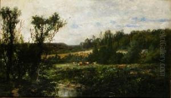 Cows Grazing Beside A Stream Oil Painting by Antonio Fontanesi