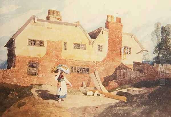 Cottages with a Washerwoman (Elm Hill, Norwich) c.1808-9 Oil Painting by John Sell Cotman